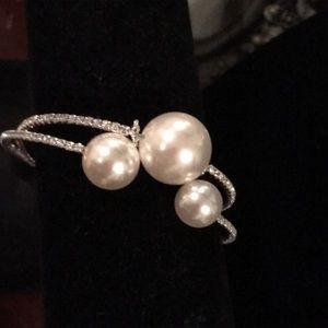 Crystal bangle bracelet faux pearl cuff silver